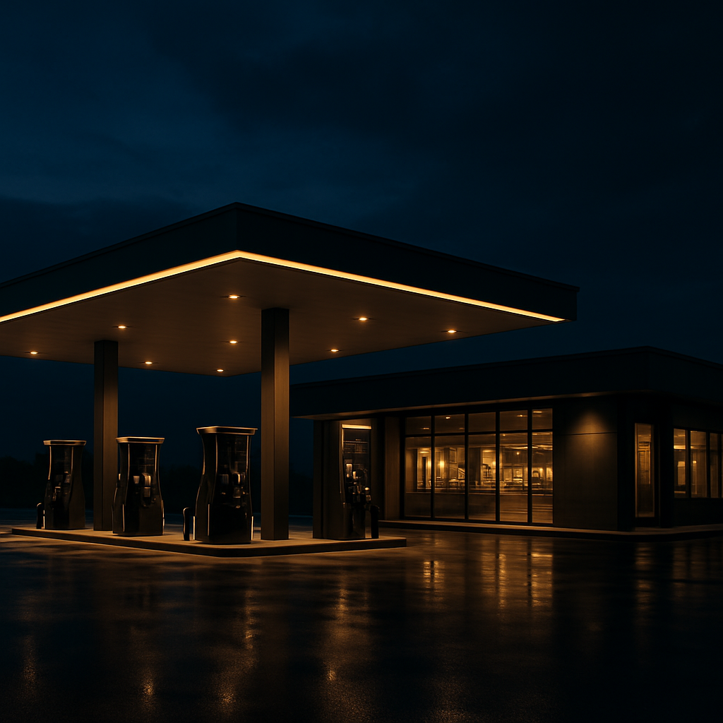 Modern premium gas station at dusk