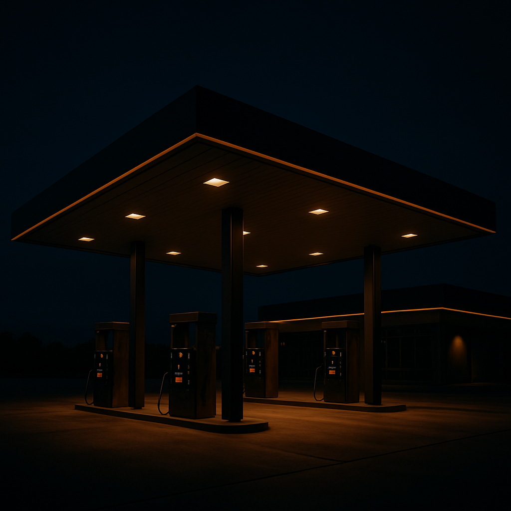 Gas station property with canopy and convenience store